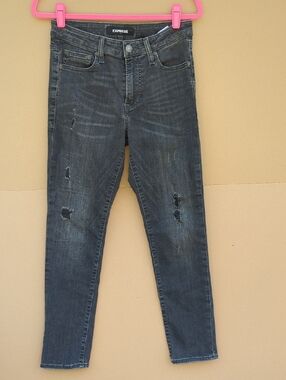 Express Women's Hyper Stretch Skinny Slim Jeans 29 Black Distressed Grunge
